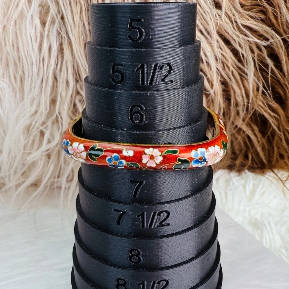 Vintage Goldtone Asian Red Orange Floral Cloisonne Hinged Square Bracelet